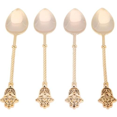 Hot YO-4pcs / Vintage Gold Spoon Alloy Coffee Ice Cream Dessert Spoons Royal Style Retro Stick Coffee Tea Spoons Kitchen Tools