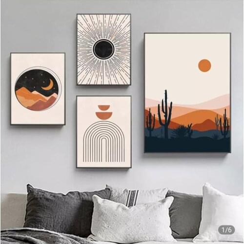 Sun and Moon Canvas Painting Geometric Line Wall Art Abstract Vintage Poster And Print For Living Room Home Decor (No Frame)