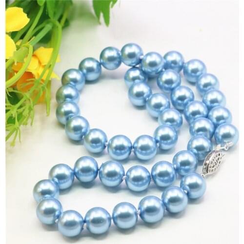 Classic Bohemia Blue Round Beads Necklace 8/10/12mm Choker Artificial Shell Jewelry Womens Chain Birthday Gift 18inch Y925