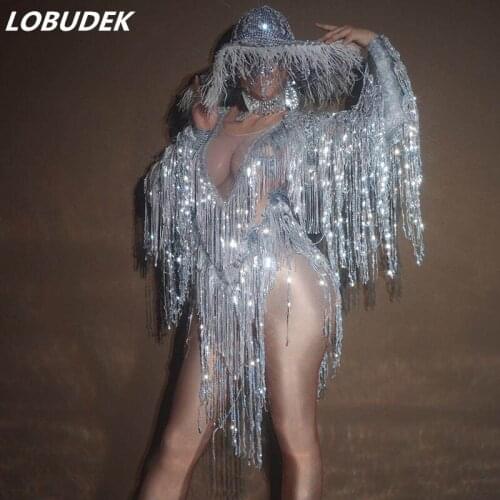 Bar Nightclub Sexy V-neck Silver Sequins Fringes Jumpsuit Tassel Dance Costume DJ Singer Dancer Party Show Performance Leotard