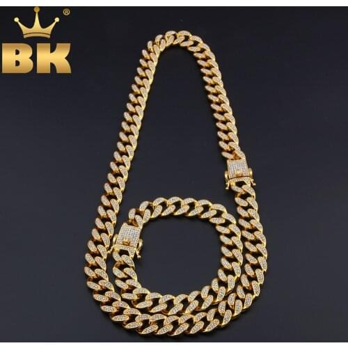 THE BLING KING 13mm Miami Cuban Link Chain Necklace & Bracelet Set Full Iced Out Rhinestones Bling Bling Hiphop Jewelry Set