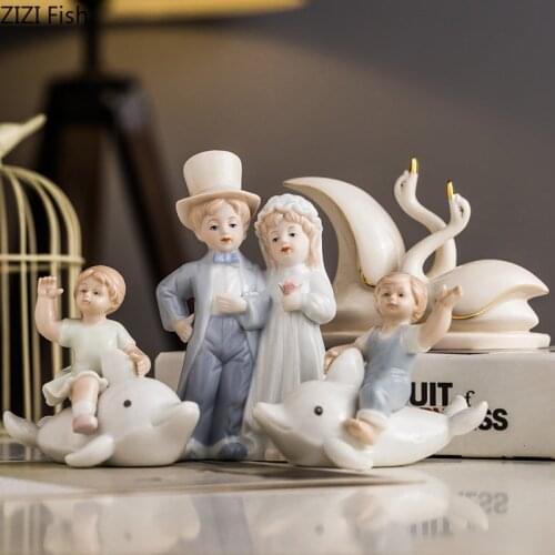 Painted Ceramic Family Figure Statue Decorative Figurines Quality Porcelain Crafts Portrait Sculpture Home Decoration Modern