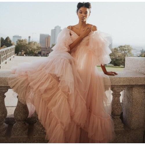 Pretty Pink See Thru Tulle Prom Dresses Ruffles Tiered A-line Prom Gowns Puff Full Sleeves Women Long Robe Plus Size