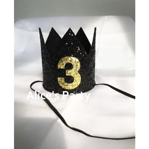 Hot Black Gold Medium Crown Hat Boy First 1st 2nd 3rd Birthday Party Mini Hats,Shining Party Decorations Cake Smash Photo props