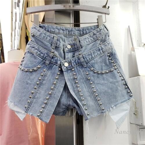Fashion Personality Double Layer Waist Denim Skirt-style Shorts Slit Rivet Hot Pants 2020 Summer New Female Clothing Blue
