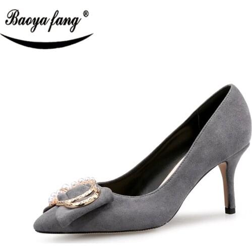 BaoYaFang New Sexy pearl womem shoes ladies wedding Party dress shoes shallow Flock woman Pumps 8cm Thin heel fashion shoes