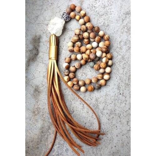 YA2410 Natural Stone Citrin Nugget Pendant Picture Jaspe Stone Beads Knot Leather Tassel Handmade Necklace 30-32inch long