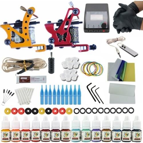 Complete 2 Tattoo Machine Gun 14 Color Inks Power Supply Set Beginner Tattoo Kits pigment fot tattoo
