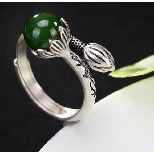 S925 Pure Silver Natural Hetian Jade Jade Inlay Restoring Ancient Ways Round Pearl Lotus Opening Ring Ring Wholesale