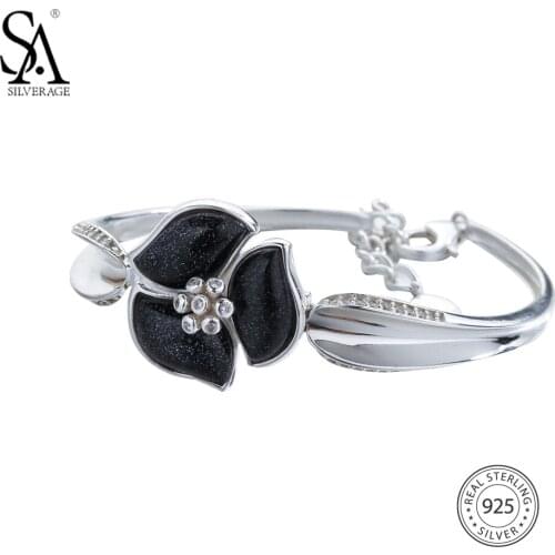 SA SILVERAGE Vintage Silver Bangles Bracelets 925 Sterling Silver Flower Chain Bracelets & Bangles for Women Fine Jewelry Black