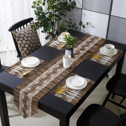 Vintage Wood Texture Lace Pattern Table Runner Set for Home Kitchen Dining Table Wedding Party Holiday Dinner Decoration