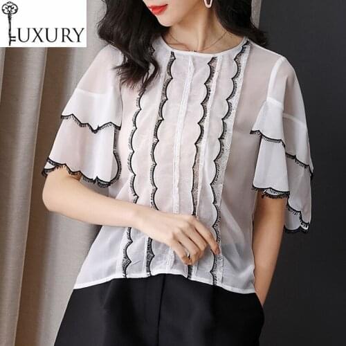 Quality Blouses 2020 High Spring Summer Fashion Women Lace Patchwork Flare Sleeve Casual Sexy White Black Tops Blouse Femme