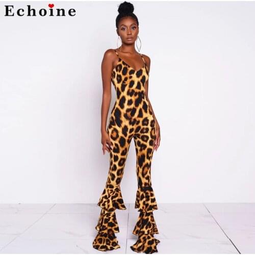 Women Leopard Spaghetti Straps Sexy Slim Backless Ruffles Bell-Bottom Long Pants Jumpsuit Bodycon Charm Ladies Rompers Catsuit