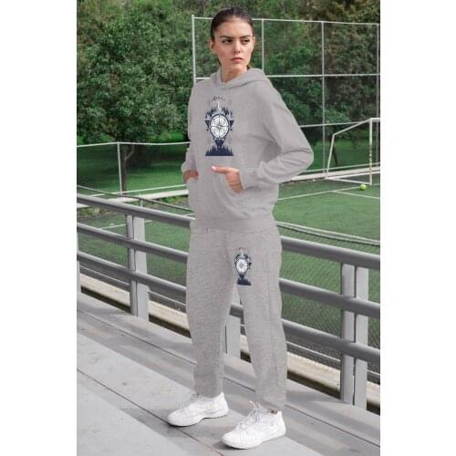 Angemiel Wear Cosmic Compass Mountain And Stars Women Tracksuit Set Gray Hooded Sweatshirt Gray Sweatpants