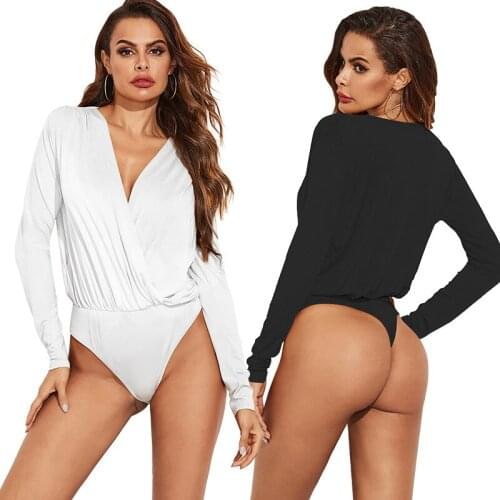 Hot Bodysuit Women Sexy Deep V Neck Bodycon T-shirt Top Clothes Body Female Long Sleeve Romper Skinny Jumpsuits Thong Bodysuit