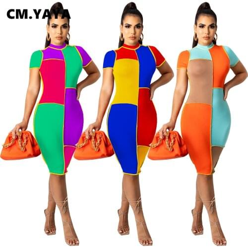CM.YAYA Women Mini Dress Patchwork Short Sleeve O-neck Stretchy Bodycon Dresses Sexy Party Night Club Street Vestidos Summer