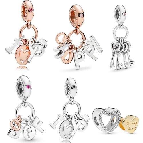 2Pcs/Lot Happy Love Key Friend Pendant Charms Beads fit Brand Bracelet Necklaces DIY Jewelry Women Bangle Accessories