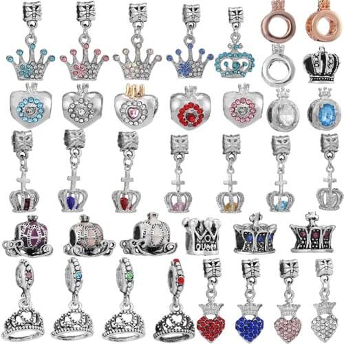 2Pcs Silver Color Noble Crown Crystal Charm Beads Dangles Fit DIY Romantic Bracelets Necklaces For Women Jewelry Making Hot Sale