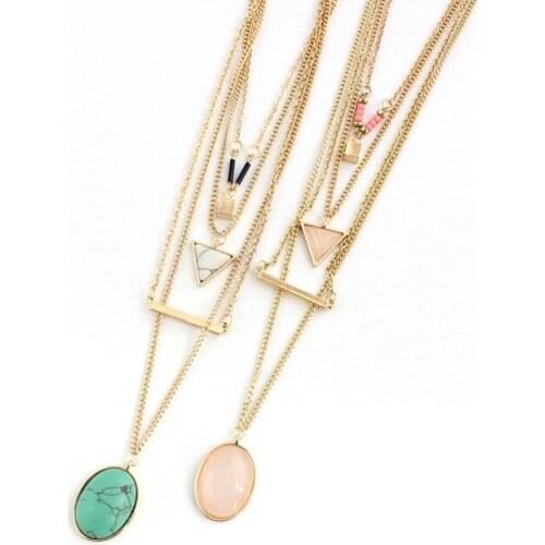 2016 new multilayer triangle white green stone oval necklace Exquisite bar square Geometric Pendant Necklace