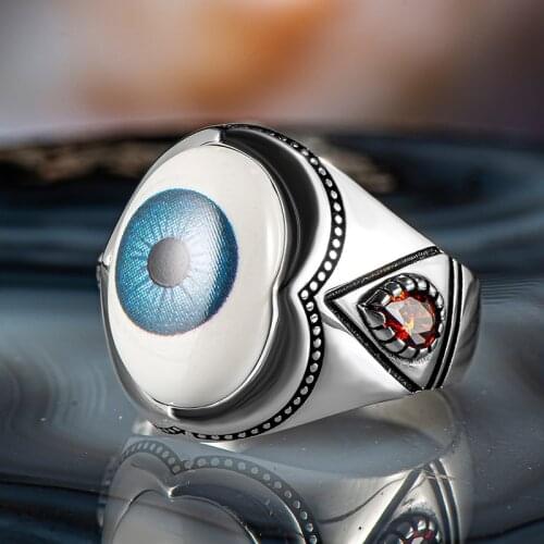 925 Sterling Silver Men Eye Ring with WhiteTurquoise Stone Made in Turkey