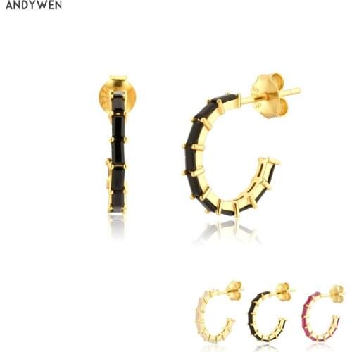 ANDYWEN 925 Sterling Silver Gold Black Zircon Hoop Piercing Earring Pendiente Clips Loops Rock Punk Spring Jewelry Valentiens