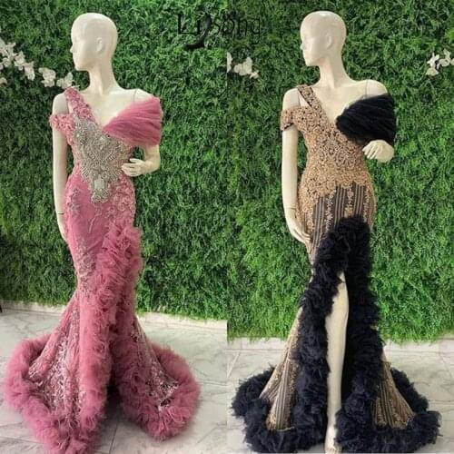 Aso Ebi 2020 Mermaid Evening Dress Plus Size Pink Black V Neck Off the Shoulder Prom Dresses Split African Formal Party Gowns