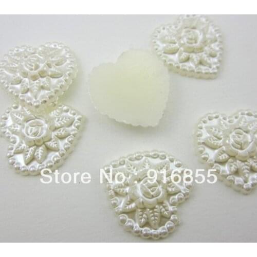 Free shipping 17mm 200pcs/lot cream white color heart shape Exquisite carved flower craft flatback imitation pearl beads