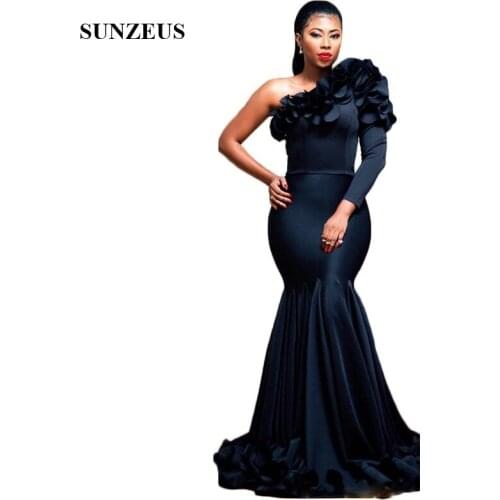 Black Mermaid Formal Evening Dresses One Shoulder Long Sleeve African Evening Gowns Elegant Party Dress for Women vestidos festa