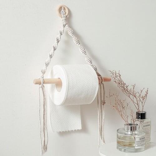 Wooden Stick Toilet Paper Holder Wall Hanging Hand-woven Tapestry Macrame Kitchen Bathroom Towel Rack Decoration
