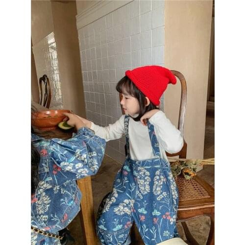 2021 Korea style girls boys printed denim overall autumn cotton fashion kids pants 1-7 years