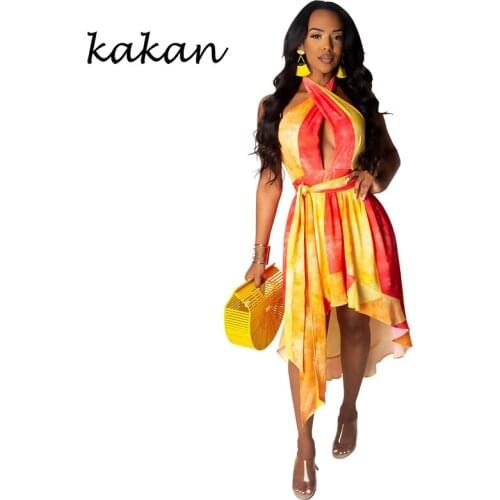 Kakan sexy halter hanging neck topless dress womens 2019 summer new best selling stitching print dress