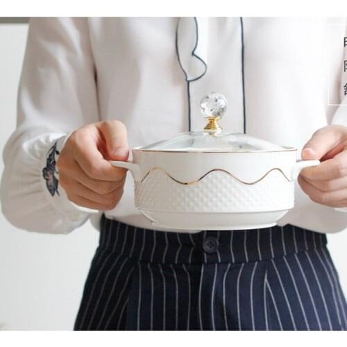 Ceramic Bowl Of Instant Noodles With Double Handle Lunch Box Fresh-Keeping Cup Kitchen Glass Creative Personality Household Soup