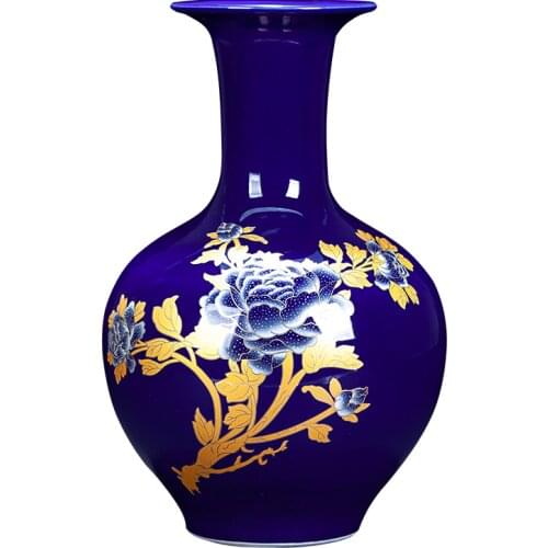 Chinese New Style Colorful Glazed Ceramic Blue Gold Peony Flower Arrangement Vase for Desktop Decoration