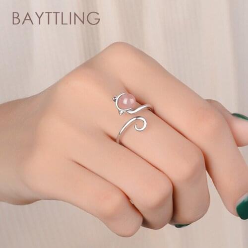 BAYTTLING New 925 Sterling Silver Glossy Twisted Strawberry Crystal Cat Open Ring For Women Fashion Wedding Jewelry Couple Gift
