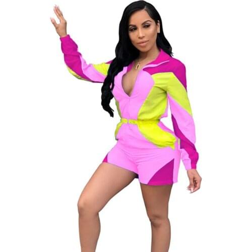 Patchwork Color Block Shorts Jumpsuit Casual Playsuit Women Zip Turn-down Collar Long Sleeve One Piece Rompers Jogger Overalls