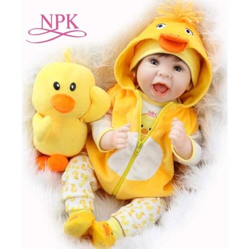 NPK 55CM original reborn baby doll lifelike newborn baby duck dress set lovely smile face weighted doll rooted hair high quality