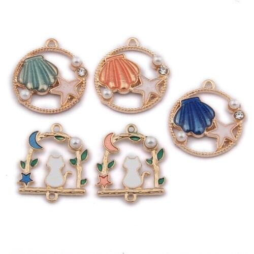Cute Mixed Enamel Shell Starfish Moon Cat Charms Pendants DIY Handmade Neacklace Bracelet Jewelry Making Accessaries