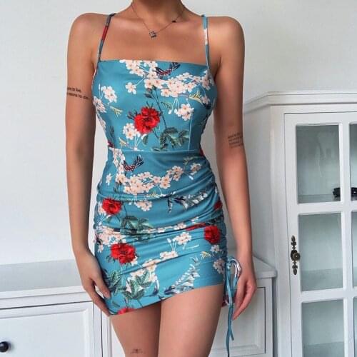 Fashion Floral Print Women Backless Lace Up Mini Dresses Holiday Sundress Summer Sexy Bohemian High Waist Mini Dress