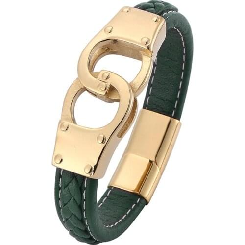 Men Punk Rock Jewelry Green Braided Leather Bracelet Golden Magnetic Buckle Stainless Steel Handcuffs Bracelets Wholesale PD0747