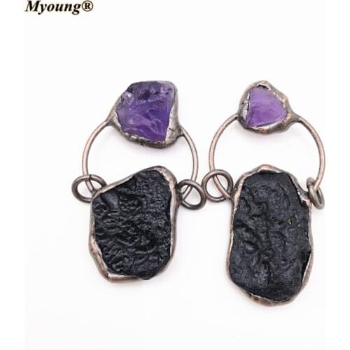 Retro Aerolite Amethysts Necklace Vintage Stone Pendants, BOHO Crystal Quartz Antique Copper Loop Healing Charms MY210432