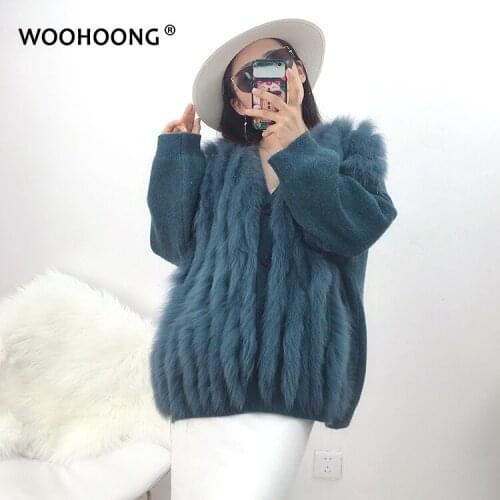 Natural Fox Fur Coat Knitted Sweater Striped Ladies Warm Knitted Coat Autumn Coat Needleworkfur Real Fur Bat Wool Sweater