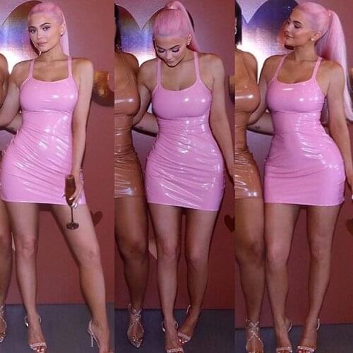 Blush Bandeau Faux Leather Vinyl Mini Dress Sexy Sleeveless PU Bodycon Dress Baby Pink Backless Slip Club Party Date Tank Dress