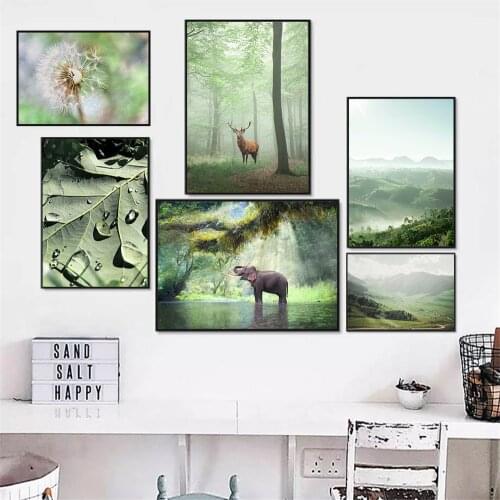 Nature Scenery Wall Art Painting Green Forest Mountain Poster Deer Elephant Canvas Print Nordic Wall Pictures Living Room Decor