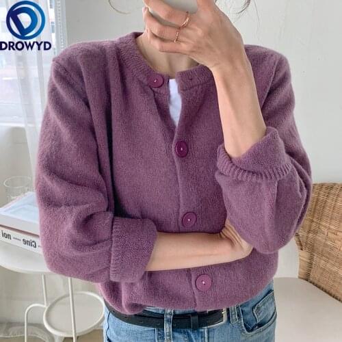 Purple Gentle Wind Sweater Cardigan Womens 2021 New Spring and Autumn Short Round Neck Sweater Kintted Coat Jacket Outer Wear