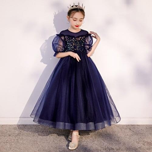Luxury Purple Flower Girls Dresses Princess O-Neck Full Lace Sequined Ball Gown Tiered Floor-Length Ruched Kids Party Dress D240