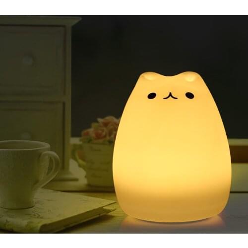 LED Cat Night Light Kitten Lamp Colorful Lighting Tap Control Model Silicone Toy Soft Cover Nursery Bedroom Bedside DC 5V