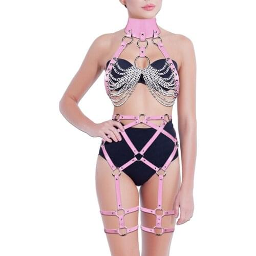 Punk Harajuku Leather Harness For Women Fashion Metal Chain Accessories Garter Sexy Waist Belt Full Body Goth Suspender Fetish