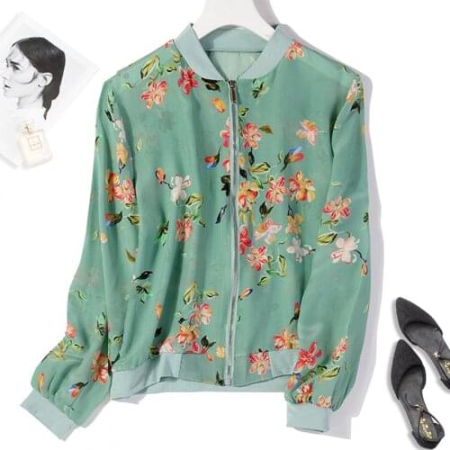Womens 100% Pure Silk crepe silk thin type green floral printed zip up bomber Jackets Coat Top JN533