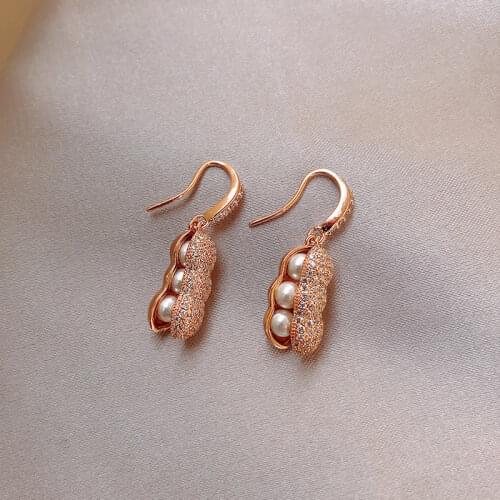 Korean unique round pearl rose gold metal Simulation Pea pods earrings for women alloy plant long dangle earrings pendientes