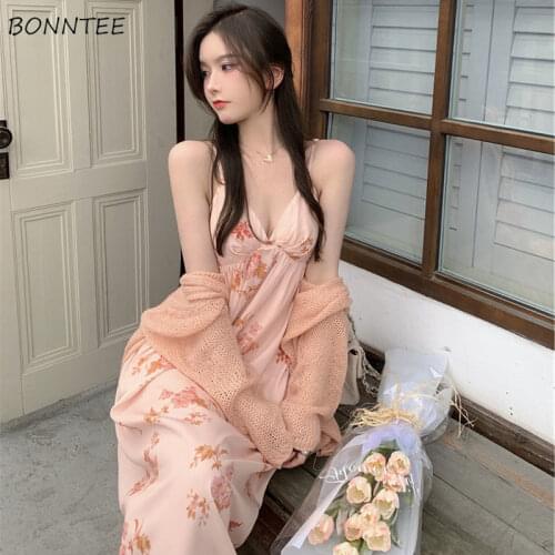 Sets Women Lovely Floral High Waist A-line Sexy Deep V-neck Summer Pink Vacation Ins Pastel Korean Style Soft Outfits Chic Loose